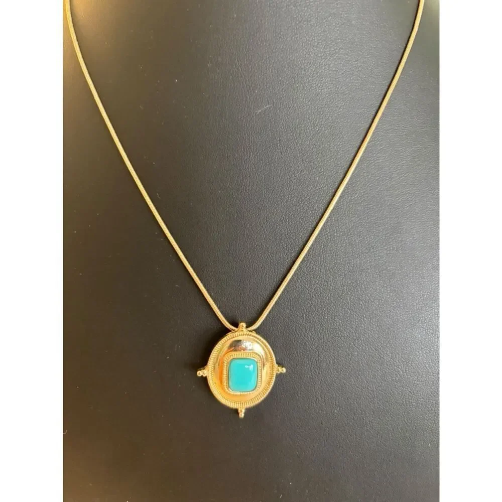 Gold Tone Pendant Necklace w/ Faux Turquoise Cabochon